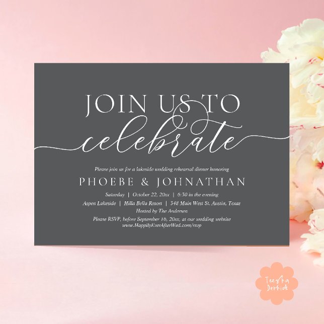 Join Us To Celebrate, Wedding Rehearsal Dinner Einladung (Join Us To Celebrate, Modern Classy Wedding Rehearsal Dinner Invitation card in dark grey)