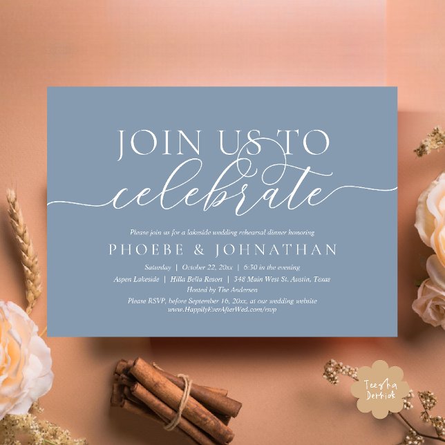 Join Us To Celebrate, Wedding Rehearsal Dinner Einladung (Join Us To Celebrate, Modern Classy Wedding Rehearsal Dinner Invitation card in dusty blue)