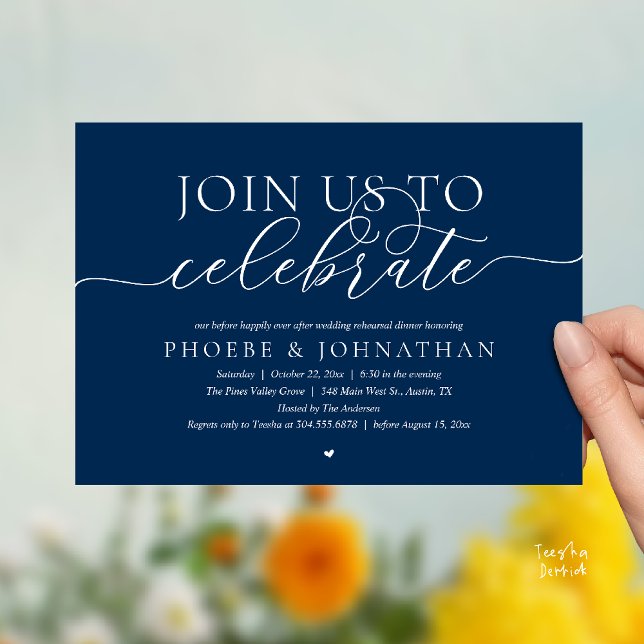 Join Us To Celebrate, Wedding Rehearsal Dinner Einladung (Join Us To Celebrate, Wedding Rehearsal Dinner Invitation card in navy blue)