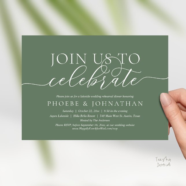 Join Us To Celebrate, Wedding Rehearsal Dinner Einladung (Join Us To Celebrate, Modern Classy Wedding Rehearsal Dinner Invitation card in sage green)