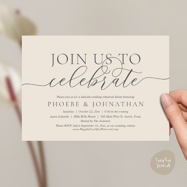 Join Us To Celebrate, Wedding Rehearsal Dinner Einladung (Join Us To Celebrate, Modern Classy Wedding Rehearsal Dinner Invitation card in cream grey)