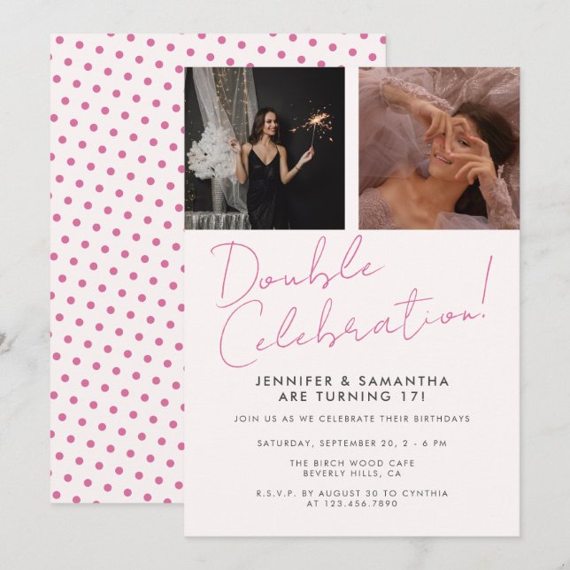 Joint Birthday Double Celebration Pink Girl Foto Einladung (Vorne/Hinten)