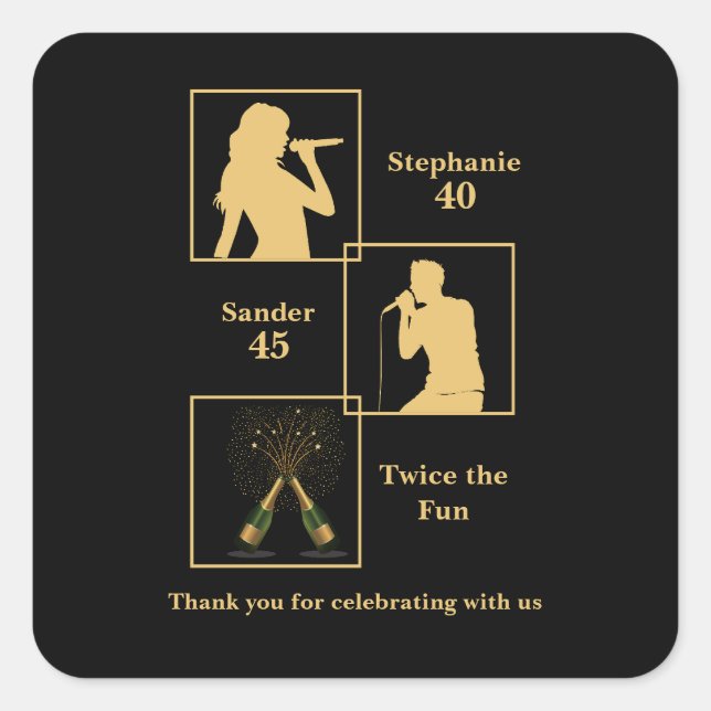 Joint Birthday Double the Fun Black Gold Quadratischer Aufkleber (Vorderseite)