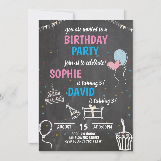 Joint Birthday Party Boy & Girl Chalkboard Niedlic Einladung (Vorderseite)