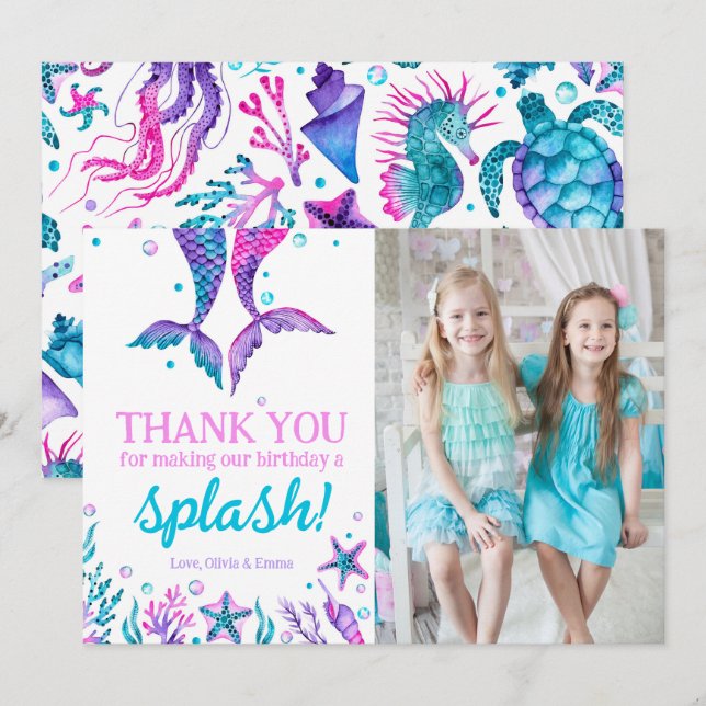 Joint Birthday Sisters Mermaid Danke Karte (Vorne/Hinten)