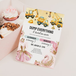 Joint Construction & Ballerina Sibling Birthday Einladung