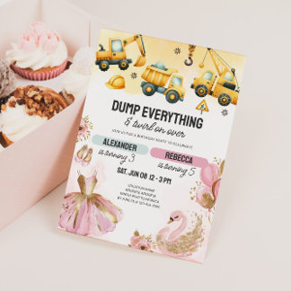 Joint Construction & Ballerina Sibling Birthday Einladung
