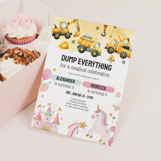 Joint Construction & Unicorn Sibling Birthday Einladung (Joint Kids Birthday Party Invitation - Dump Trucks & Unicorns)