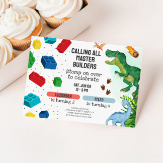 Joint Dinosaur & Building Blocks Sibling Birthday Einladung