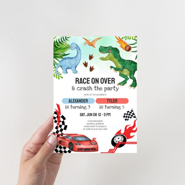 Joint Dinosaur & Race Cars Sibling Birthday Einladung (Joint Kids Birthday Party Invitation - Dinosaurs and Race Cars)