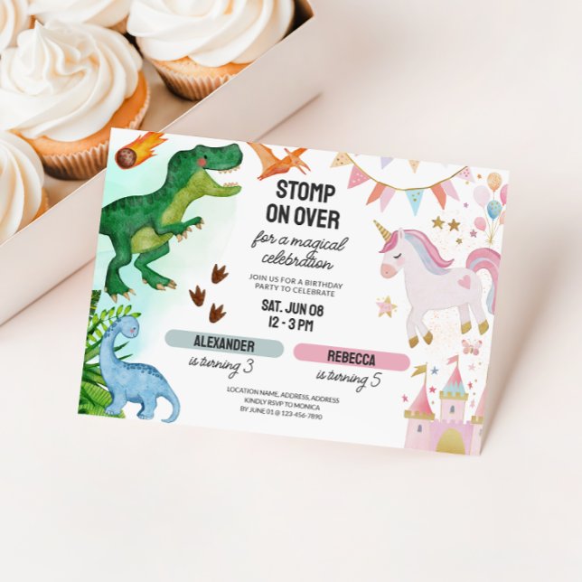 Joint Dinosaur & Unicorn Boy Girl Birthday Einladung (Joint Dinosaur Unicorn Kids Birthday Invitation)