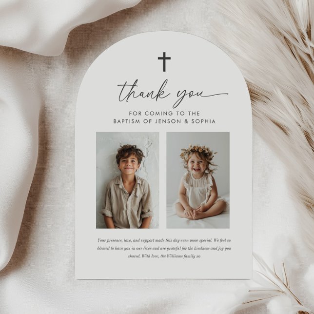 Joint Taufe 2 Foto Arch Danke Karte (Zazzle Joint Baptism 2 Photo Arch Thank You Card)