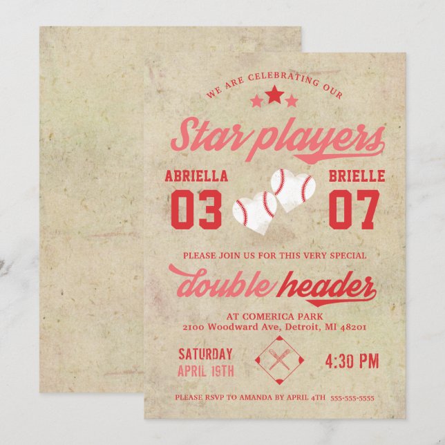 Joint Twin Baseball Birthday Invitation Girl Einladung (Vorne/Hinten)