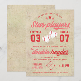 Joint Twin Baseball Birthday Invitation Girl Einladung