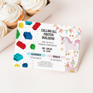 Joint Unicorn & Building Blocks Birthday Einladung
