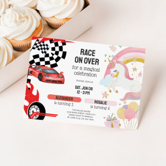 Joint Unicorn & Race Cars Sibling Birthday Einladung