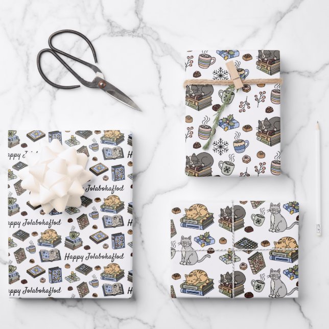 Jolabokaflod Books, Cats, and Cocoa Christmas Gift Geschenkpapier Set (Vorderseite)