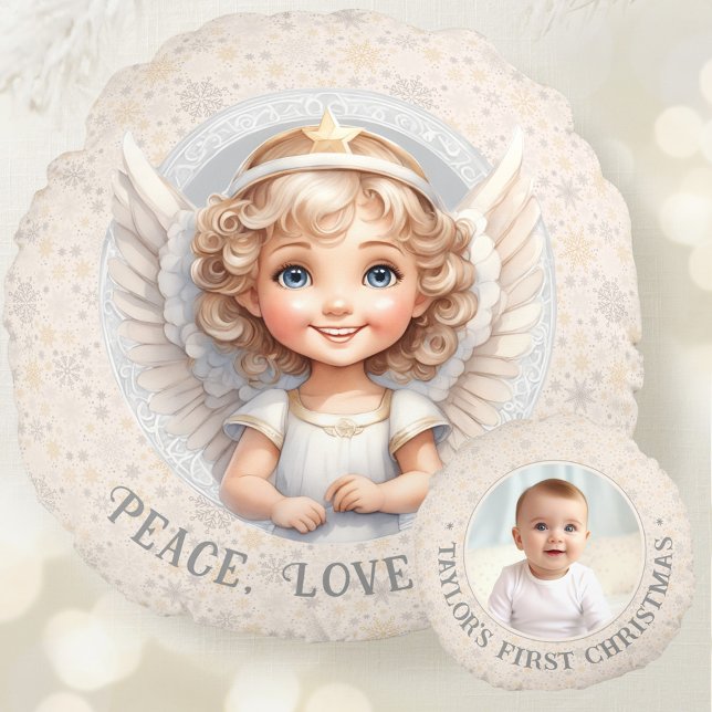 Joli ange de Noël Nom photo Coussin rond (Cute Christmas Angel Template Photo Round Pillow)