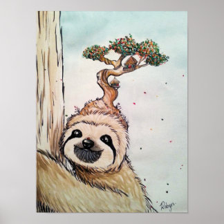 Joli animal Sloth avec Bonsai Tree house Poster