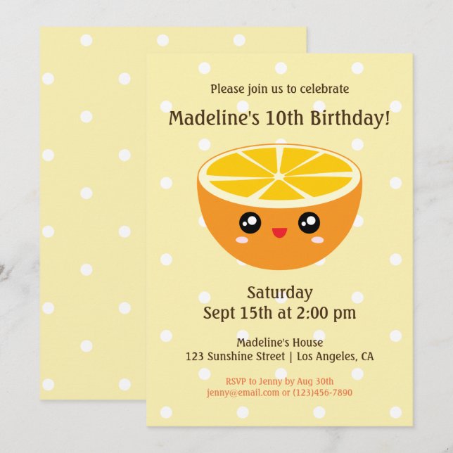 Joli Anniversaire de enfant Orange Invitation (Devant / Derrière)