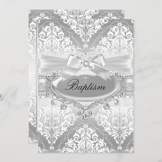 Joli Argent Damask Bow Baptism Invitation (Devant / Derrière)