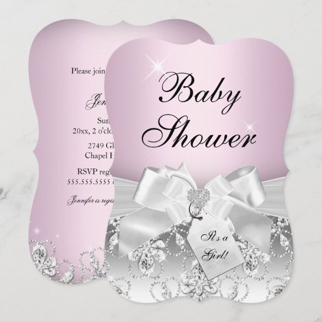Joli Baby shower Diamond Bow clair rose Invitation (Devant / Derrière)