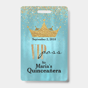 Joli badge bleu avec couronne dorée Quinceañera VI