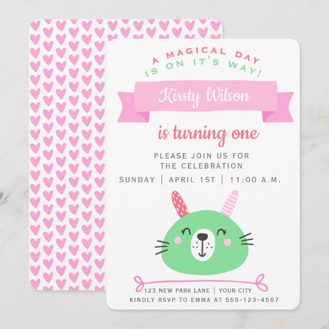 Joli Bunny | Invitation de fête d'anniversaire (Devant / Derrière)