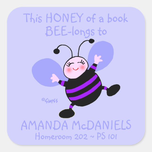 Joli Cartoon Bee Schobook Nom Étiquette pourpre (Devant)