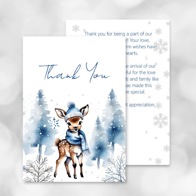 Joli cerf Winter garçons baby shower carte de reme (oh deer winter baby shower thank you card watercolor cute baby deer in a scarf and hat snowy pines)