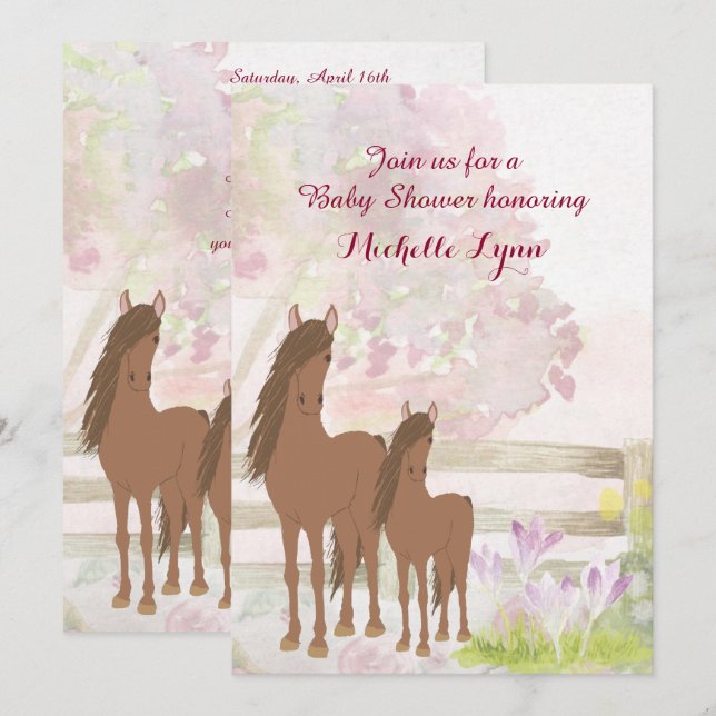 Joli Chevaux Brown et Fleurs Invitation Baby showe (Devant / Derrière)
