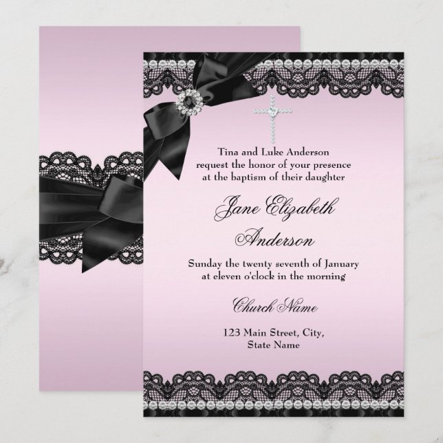 Joli Chic Diamond dentelle rose Invitation de bapt (Devant / Derrière)