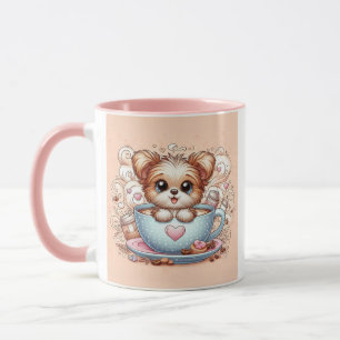 Joli chiot dans une tasse de café avec des cœurs