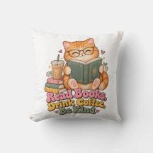 Joli Coussin de Chat Dodu Lisant un Livre et Café