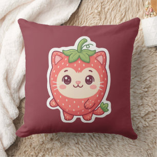 Joli Coussin de Chat Kawaii aux Fraises