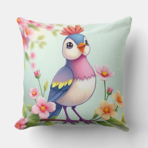 Joli Coussin Décoratif Fleur Oiseau Rose Bleu