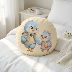 Joli Coussin Rond avec Frères et Sœurs d'Oiseau Bl