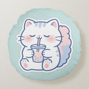 Joli Coussin Rond de Thé à Bulles de Chat Kawaii