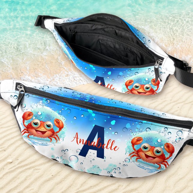 Joli Crabe Bleu Blanc Vacances d'été Nom (Cute Happy Crab Blue White Summer Vacation Name Fanny Pack)