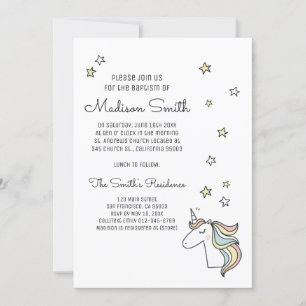 Joli Doodle Unicorn et étoiles Baptême Invitation