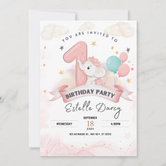 Joli éléphant 1er anniversaire invitation fête