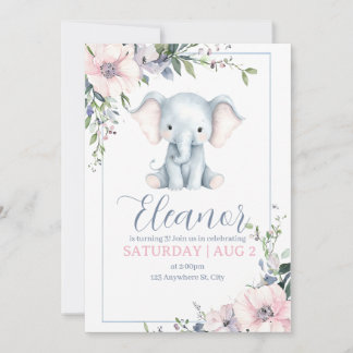 Joli Eléphant Floral Anniversaire Invitation