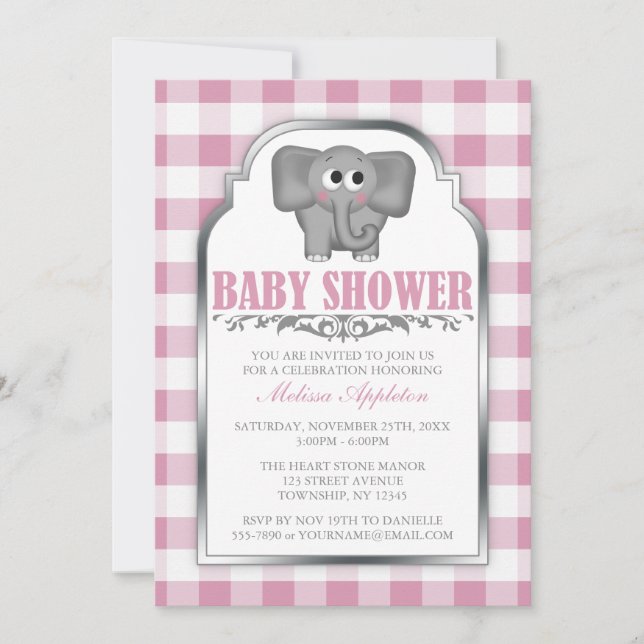 Joli Eléphant rose En vichy bébé Douche Invitation (Devant)