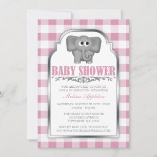 Joli Eléphant rose En vichy bébé Douche Invitation