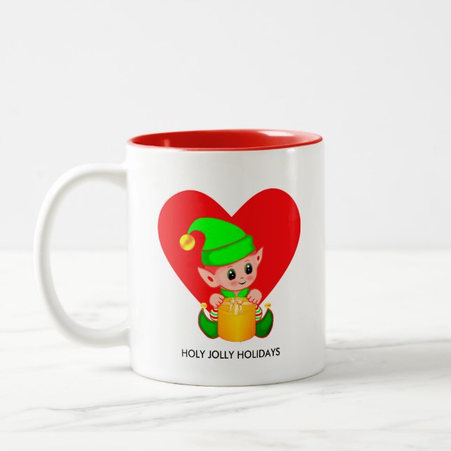 Joli elfe de Noël & Coeur Mug à café à deux tons (Gauche)