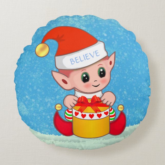 Joli elfe de Noël sur Coussin rond bleu clair (Devant)