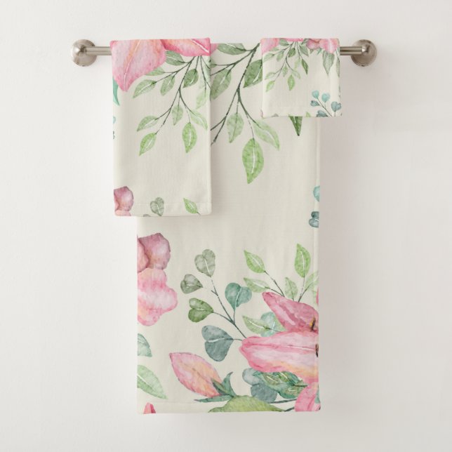 Joli Ensemble De Serviettes De Bain À Fleur Rose (En situation)