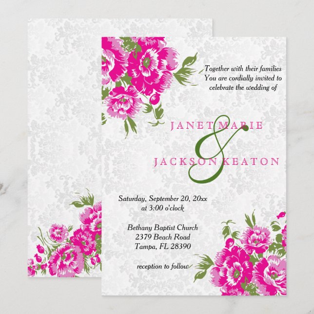 Joli Faire-part de mariage Floral Rose (Devant / Derrière)
