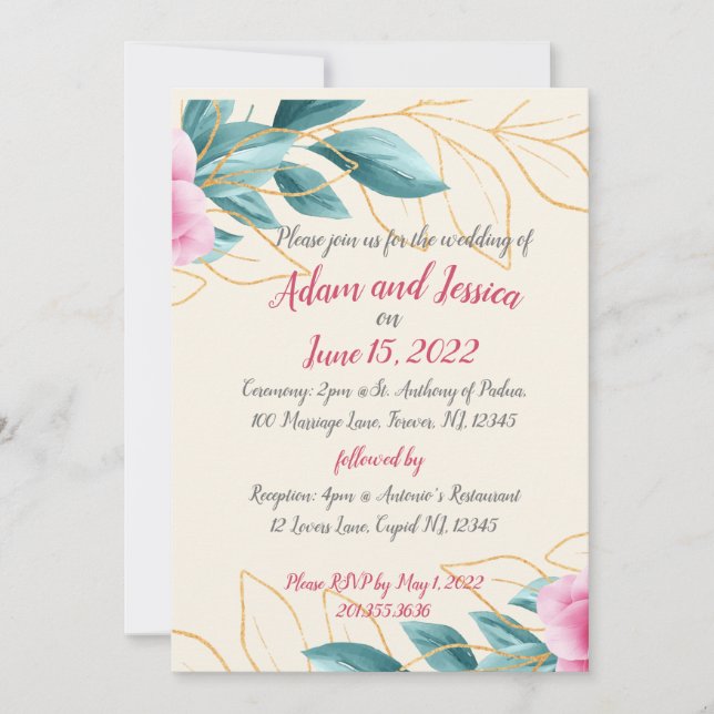 Joli Faire-part de mariage or rose floral (Devant)