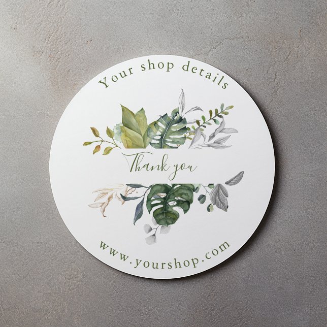 Joli feuilles verts, boutique merci autocollant (Round leafy sticker saying "Thank you" with your business details and web site address.)